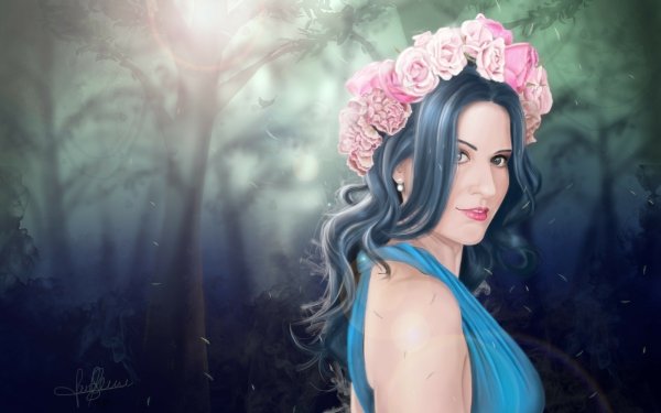 Fantasy Women Blue Eyes Blue Hair Pink Flower Wreath HD Wallpaper | Background Image