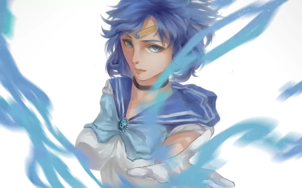 A vibrant HD wallpaper featuring Sailor Mercury from Sailor Moon, showcasing her blue hair and eyes, dressed in her school uniform, surrounded by flowing blue elements.