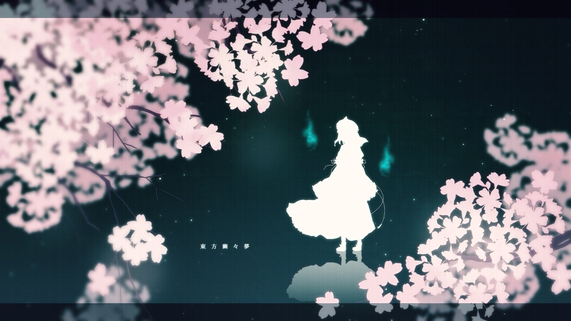 A beautiful HD wallpaper featuring Yuyuko Saigyouji from the anime Touhou, surrounded by delicate cherry blossoms against a dark, ethereal background.