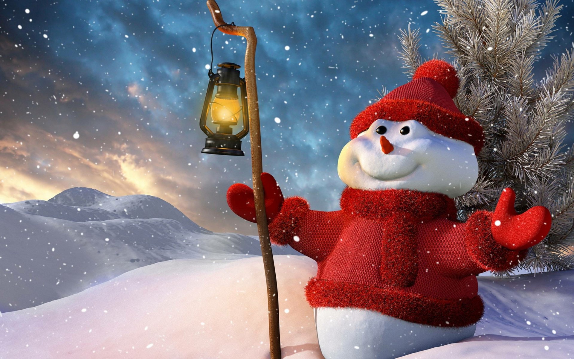 Artistic holiday winter scene: smiling snowman in red hat and sweater holds a lantern as snow falls over hills — 2K Quad HD PC desktop wallpaper.