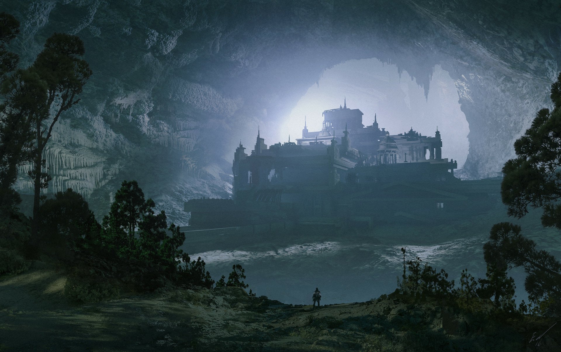 HD PC desktop wallpaper of an underground fantasy city: a glowing, cathedral-like citadel inside a vast cavern, a fantasy landscape framed by trees and a lone figure on the shore.