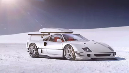 HD PC desktop wallpaper featuring a white Ferrari F40 sports vehicle parked on a snowy plain, low stance and prominent rear wing