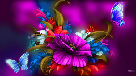 A vibrant artistic depiction of colorful butterflies among blooming flowers, set against a rich purple background, capturing the essence of spring in stunning HD detail.