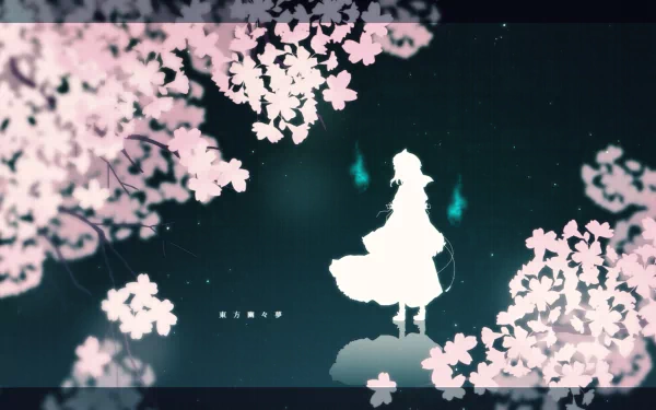 A beautiful HD wallpaper featuring Yuyuko Saigyouji from the anime Touhou, surrounded by delicate cherry blossoms against a dark, ethereal background.