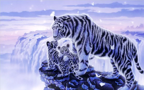 A fantasy HD wallpaper featuring a white tiger and its baby cubs in a snowy landscape with a majestic waterfall in the background.