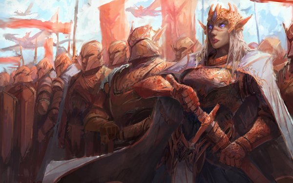 Fantasy Elf Woman Warrior Pointed Ears Armor Crown Sword Warrior Army Helmet Purple Eyes HD Wallpaper | Background Image