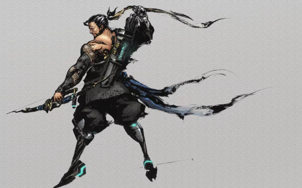 HD PC desktop wallpaper featuring Hanzo, a skilled archer from the video game Overwatch, depicted in dynamic action with his bow drawn.