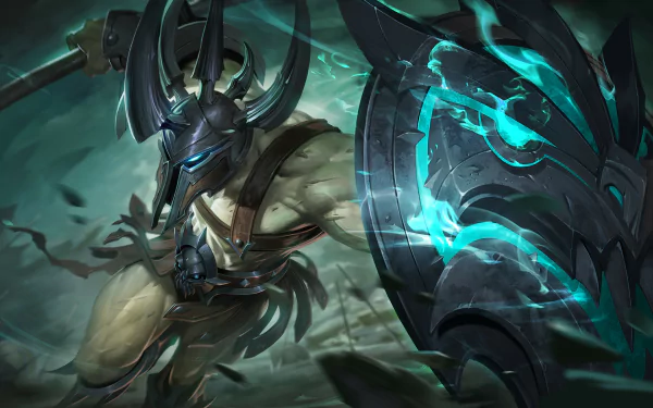 A dynamic fantasy warrior clad in a horned helmet wields a glowing, rune-etched shield and weapon, set against a dark, misty battlefield backdrop.