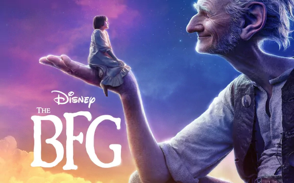 A vibrant HD wallpaper featuring characters from the 2016 movie The BFG, showcasing the giant and Sophie against a dreamy sunset backdrop.