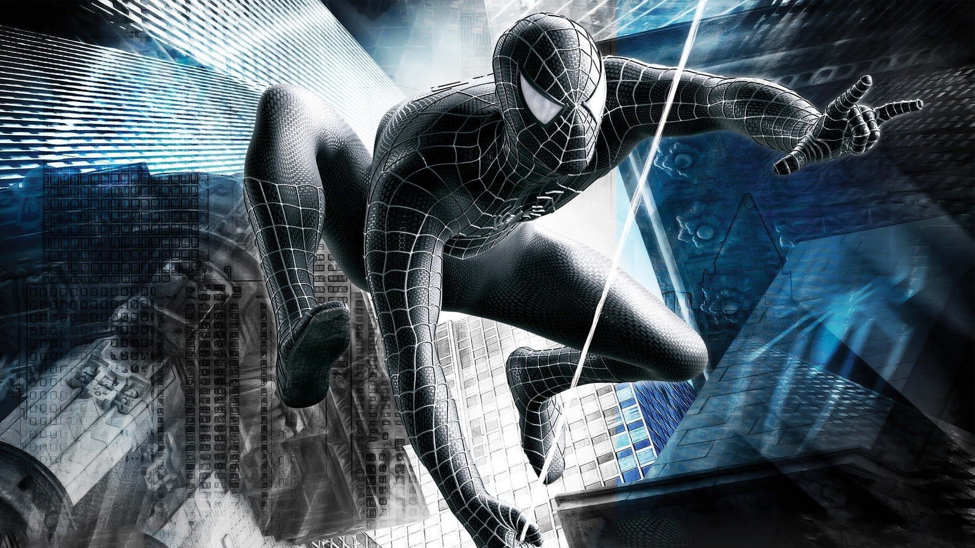 HD PC desktop wallpaper featuring Spider-Man 3 in the black suit from the video game, posed dynamically against a cityscape backdrop.