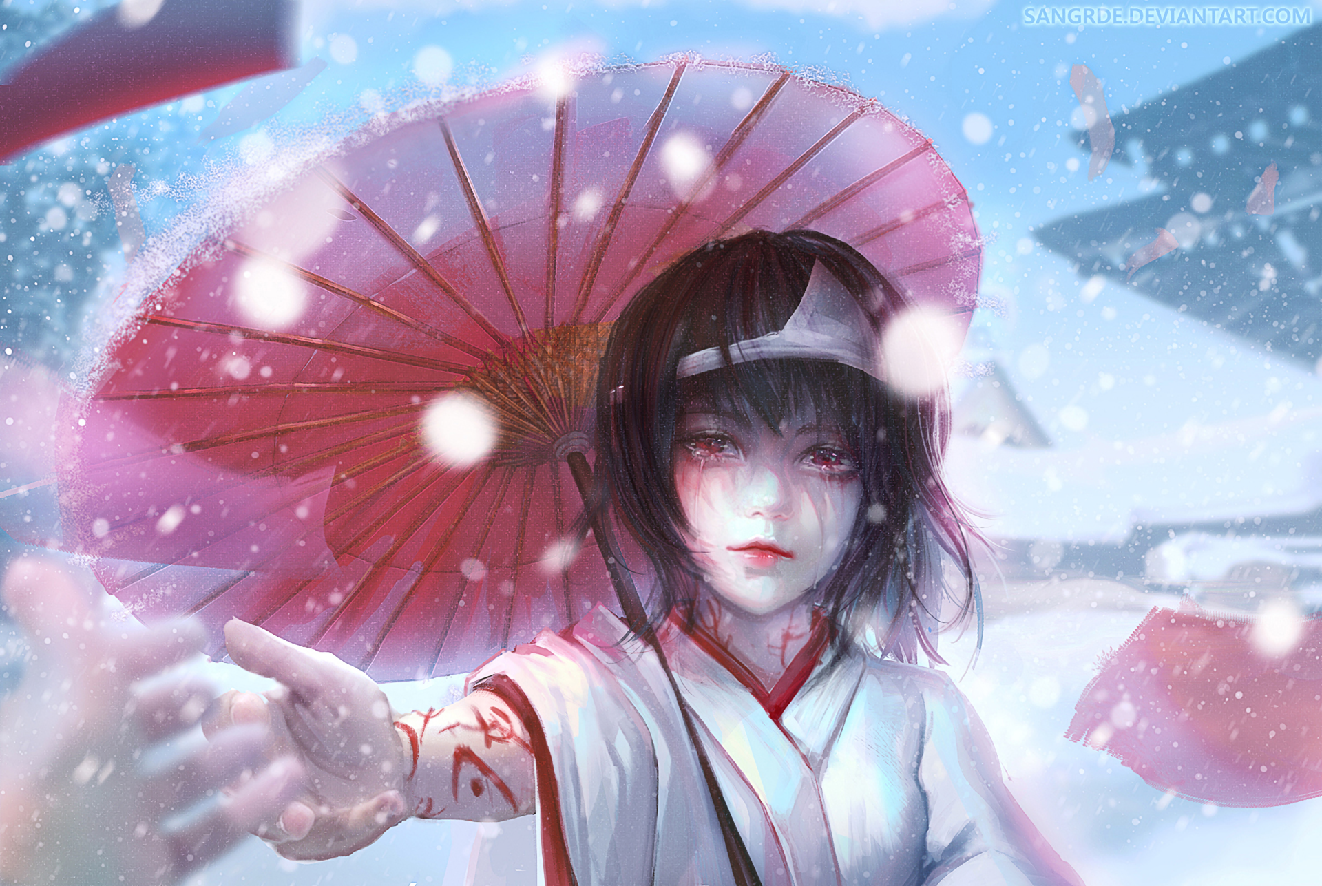 A stunning HD wallpaper featuring Nora from Noragami, holding a vibrant parasol surrounded by a snowy landscape, showcasing her captivating presence in anime style.