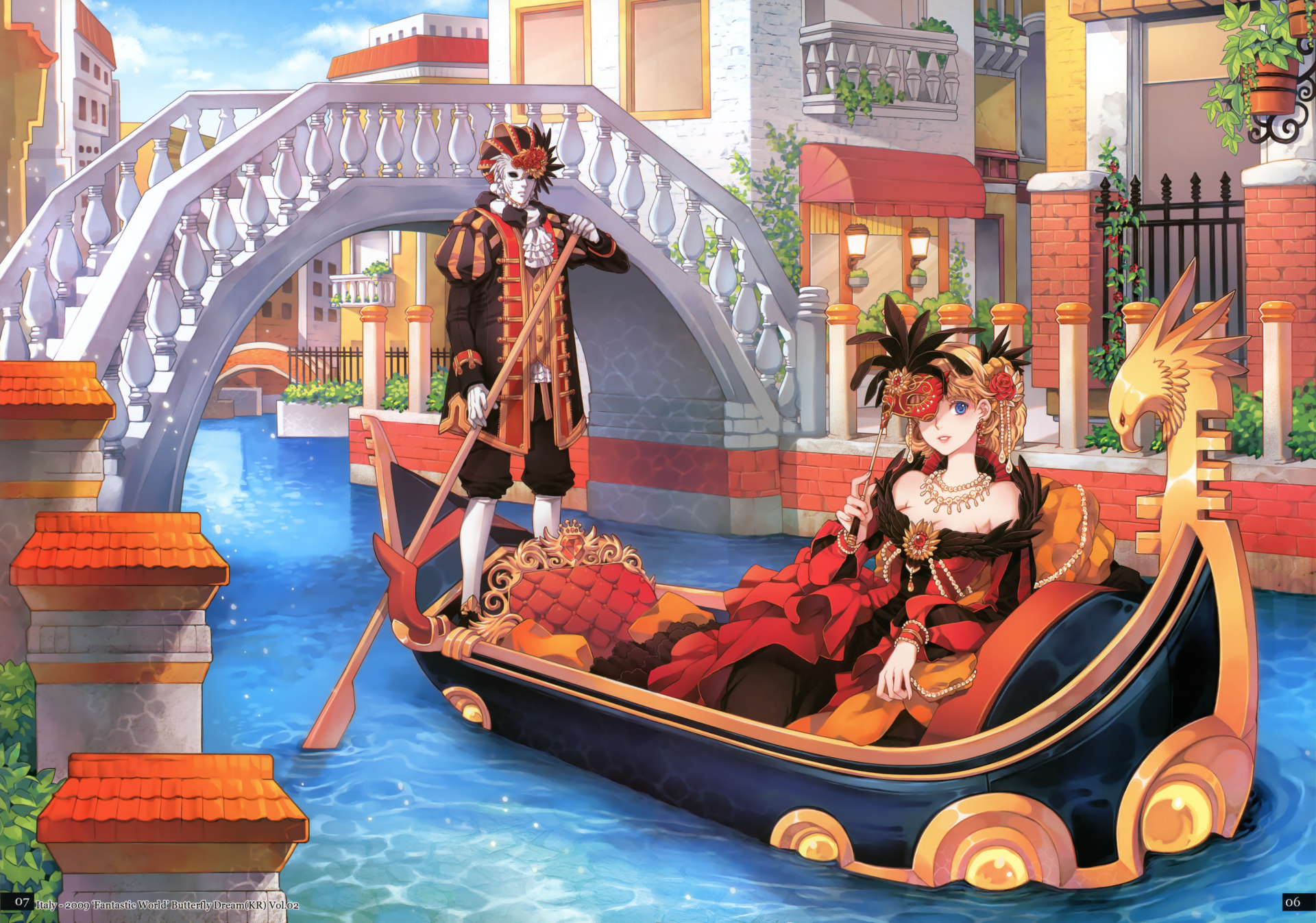 Anime-style artwork of two people in elaborate costumes on a gondola beneath a stone bridge, rendered in vibrant colors as a 4K Ultra HD PC desktop wallpaper.