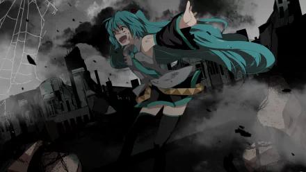 HD desktop wallpaper featuring Hatsune Miku from Anime Vocaloid, depicted with teal twin-tails singing passionately against a dark, ruined cityscape background.