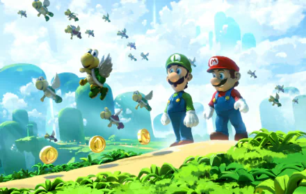 A vibrant HD desktop wallpaper featuring Mario and Luigi journeying through a lush landscape, accompanied by Koopa Troopa, set in the iconic world of Super Mario Bros.