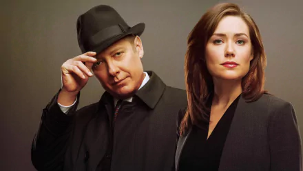 HD PC desktop wallpaper: two leads from the TV show The Blacklist — a man tipping a fedora and a woman in a dark blazer against a neutral backdrop.