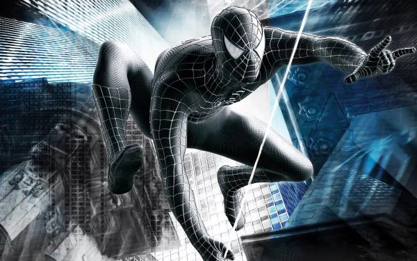 HD PC desktop wallpaper featuring Spider-Man 3 in the black suit from the video game, posed dynamically against a cityscape backdrop.