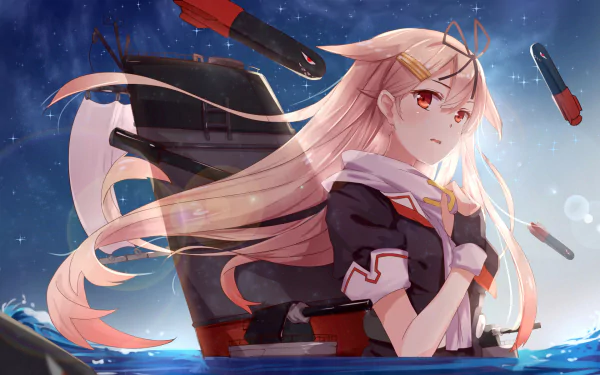 Yuudachi from Kantai Collection emerges from the water, surrounded by ship elements, in this vibrant HD anime wallpaper, showcasing intricate details and dynamic colors.