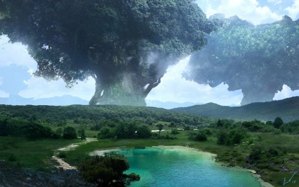 Fantasy Landscape Lake Forest Tree HD Wallpaper | Background Image