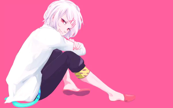 HD desktop wallpaper featuring Juuzou Suzuya from Tokyo Ghoul with pink eyes and short white hair, against a bright pink background.