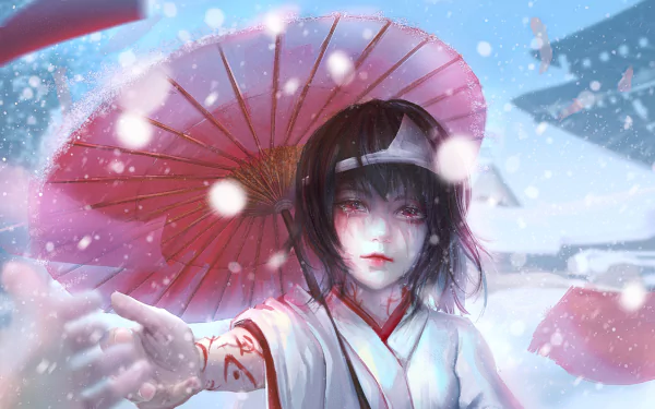 A stunning HD wallpaper featuring Nora from Noragami, holding a vibrant parasol surrounded by a snowy landscape, showcasing her captivating presence in anime style.