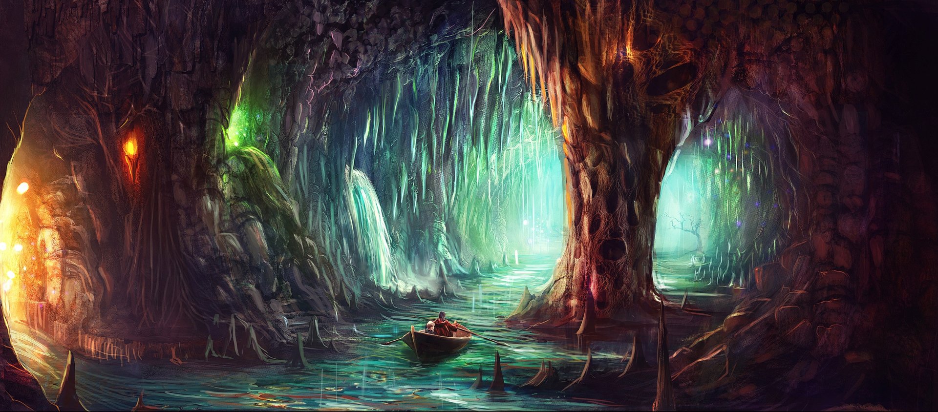 HD fantasy PC desktop wallpaper of an artistic cave scene featuring a canoe gliding through glowing, stalactite-adorned waters inside a mystical cavern.