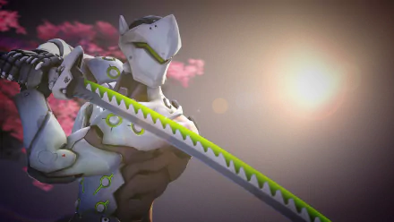HD PC desktop wallpaper featuring Genji from Overwatch holding his sword, set against a bright glowing background with cherry blossoms.