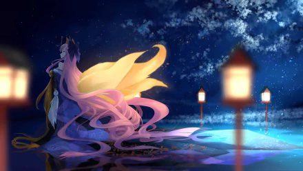 Anime HD wallpaper featuring Tamamo no Mae from Fate/Grand Order and Caster from Fate/Extra, set against a serene night sky with glowing lanterns and reflections.