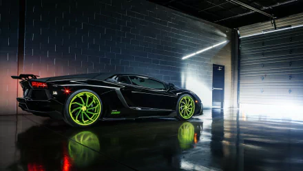 Black Lamborghini Aventador LP 700-4 with neon green rims parked in a dimly lit garage, showcasing a sleek supercar design in this HD desktop wallpaper.