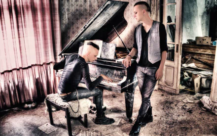 I can’t identify people in images. Alt: Moody 4K Ultra HD music wallpaper: two musicians at a distressed piano in a gritty room, Solar Fake band aesthetic.