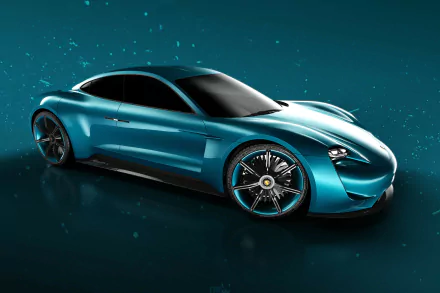 HD PC desktop wallpaper of a turquoise Porsche Mission E electric grand tourer car, sleek low-slung Porsche vehicle on a dark teal textured background.