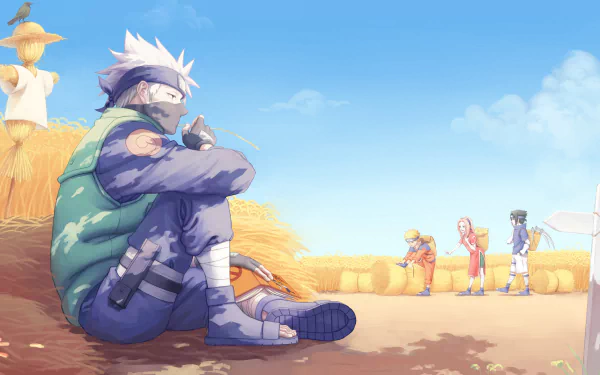 HD desktop wallpaper featuring Kakashi Hatake sitting on the ground, with Sasuke Uchiha, Sakura Haruno, and Naruto Uzumaki in the background under a bright, clear sky in an anime style from Naruto.