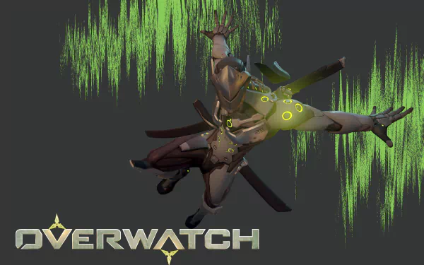 Genji from Overwatch is depicted in dynamic action against a green waveform background. This high-definition image serves as a vivid desktop wallpaper celebrating the popular video game.