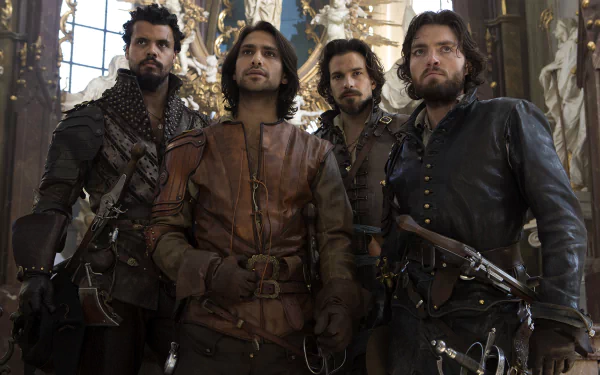 HD PC desktop wallpaper of four leather-clad musketeers from the TV show The Musketeers, standing with swords in an ornate hall, faces set with resolve.