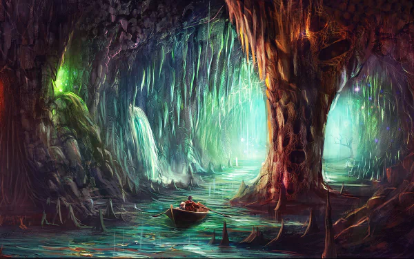 HD fantasy PC desktop wallpaper of an artistic cave scene featuring a canoe gliding through glowing, stalactite-adorned waters inside a mystical cavern.