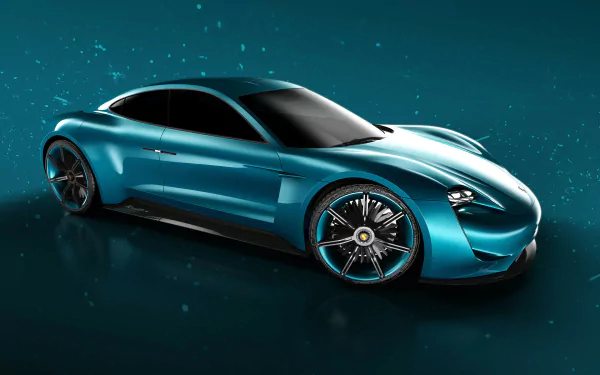 HD PC desktop wallpaper of a turquoise Porsche Mission E electric grand tourer car, sleek low-slung Porsche vehicle on a dark teal textured background.