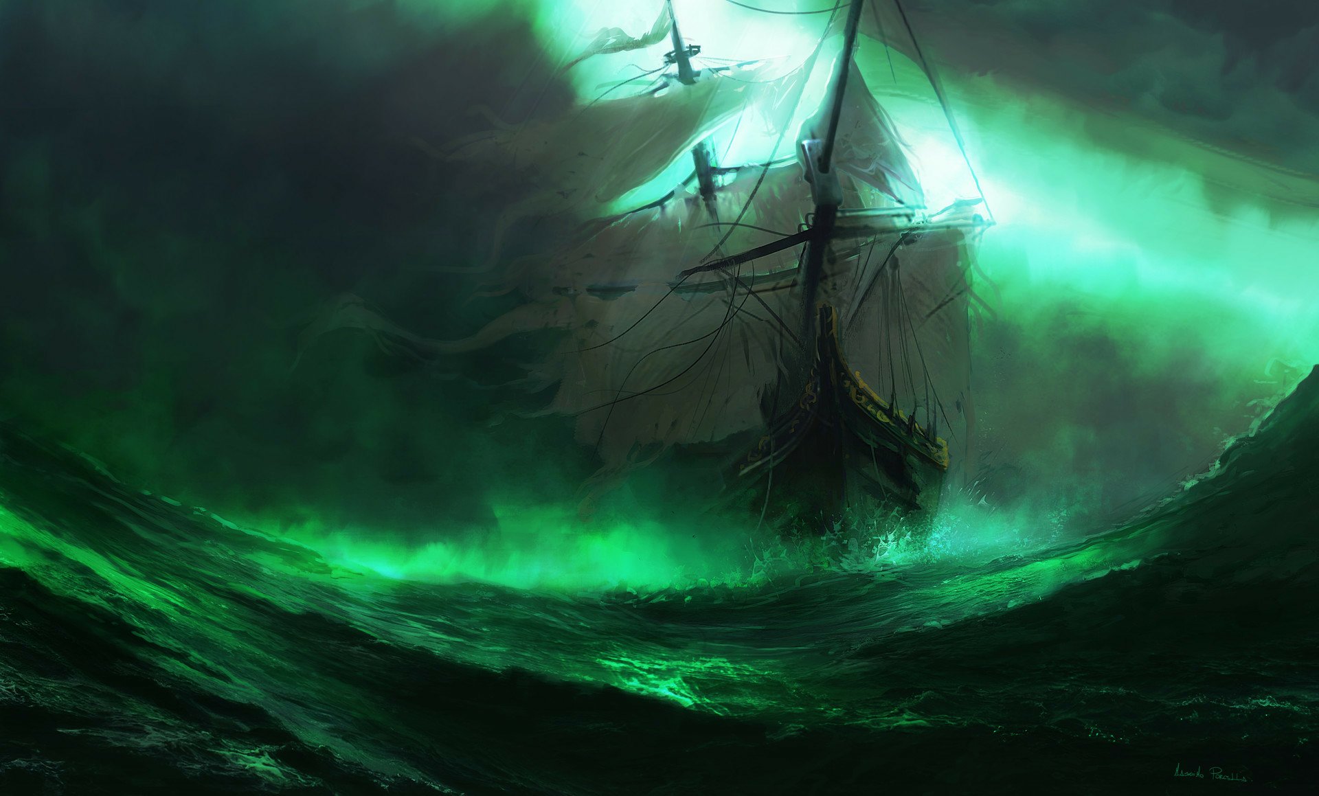 A fantasy ship sails through a glowing green ocean under a dramatic, stormy sky in this HD PC desktop wallpaper.