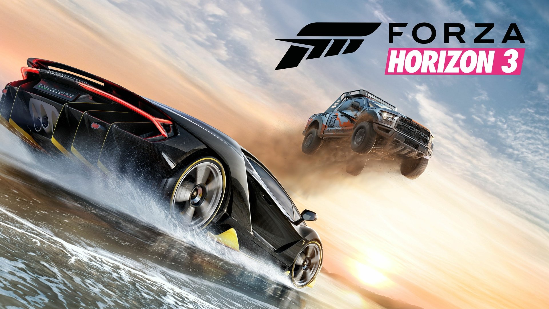 4K Ultra HD Forza Horizon 3 PC wallpaper featuring a sleek black sports car racing on water and an off-road vehicle airborne against a dramatic sky.