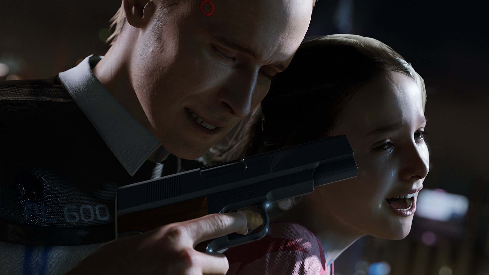 HD PC desktop wallpaper featuring a tense scene from the video game Detroit: Become Human, showing an android holding a gun to a young girl.