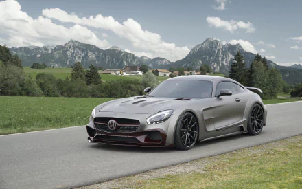 A stunning Mercedes-AMG GT parked on a scenic road, with mountains in the background, captured in high-definition for an impressive desktop wallpaper.