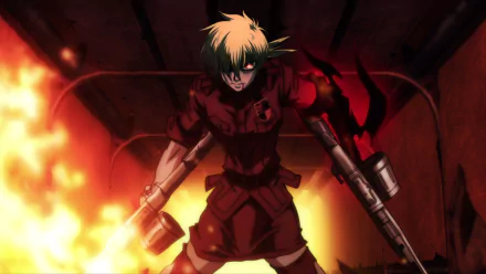 Seras Victoria from the anime Hellsing stands fiercely amidst flames, armed and ready for battle. This dynamic HD wallpaper captures her intensity and strength.