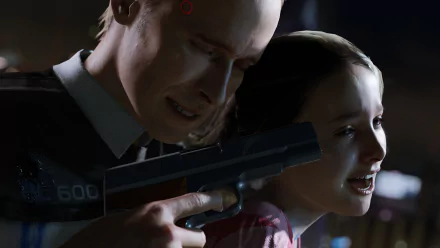 HD PC desktop wallpaper featuring a tense scene from the video game Detroit: Become Human, showing an android holding a gun to a young girl.