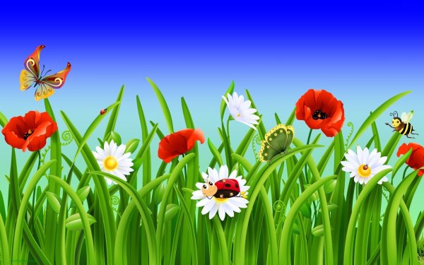 Artistic Spring Grass Bug Bee Butterfly Poppy Daisy HD Wallpaper | Background Image