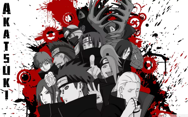 HD desktop wallpaper featuring the Akatsuki members from Naruto, including Deidara, Obito Uchiha, Kisame Hoshigaki, Konan, Kakuzu, Orochimaru, Zetsu, Sasori, Itachi Uchiha, and Pain against a red and black backdrop.
