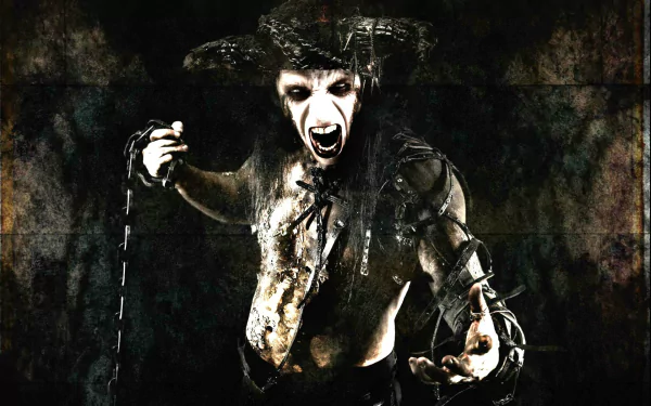 Music HD PC desktop wallpaper/background: snarling Cradle Of Filth–style black metal vocalist in corpse paint, chains and horned headpiece against a dark grunge backdrop.