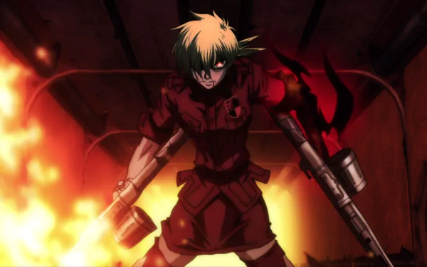 Seras Victoria from the anime Hellsing stands fiercely amidst flames, armed and ready for battle. This dynamic HD wallpaper captures her intensity and strength.