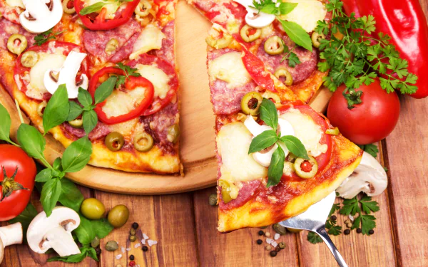 4K Ultra HD wallpaper of a freshly baked pizza topped with mushrooms, olives, tomatoes, cheese, and fresh herbs on a wooden board with ingredients around.