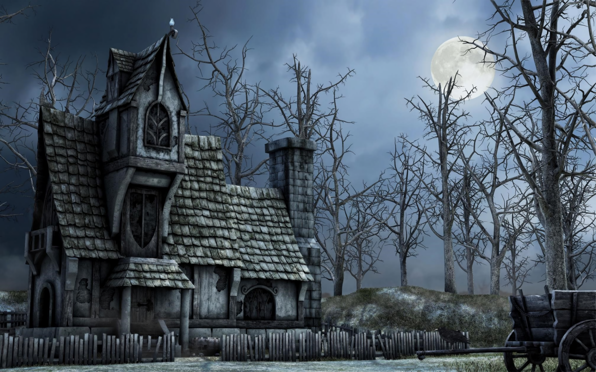 HD fantasy desktop wallpaper depicting a dark, abandoned haunted house surrounded by leafless trees under a cloudy night sky with a full moon.