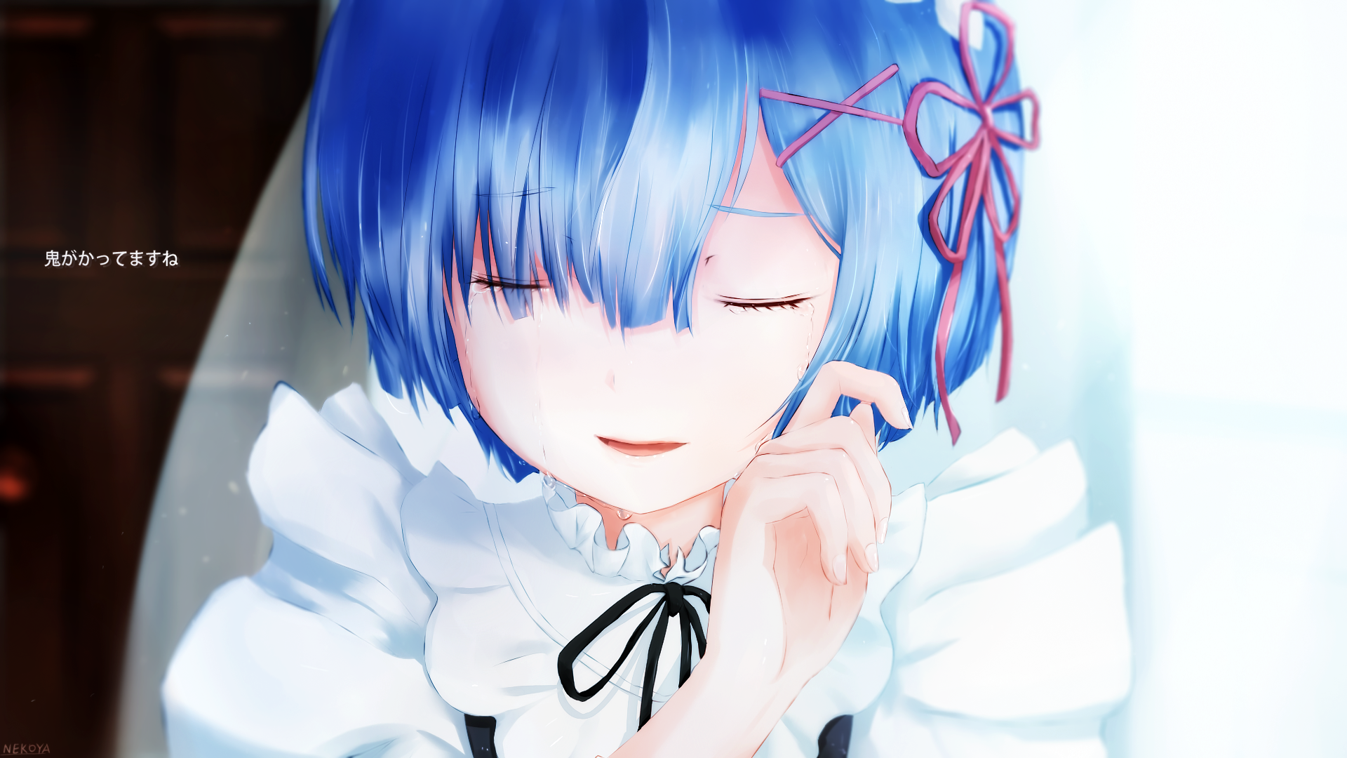 HD desktop wallpaper of Rem from Re:Zero - Starting Life in Another World, featuring her with her signature blue short hair and a gentle expression.