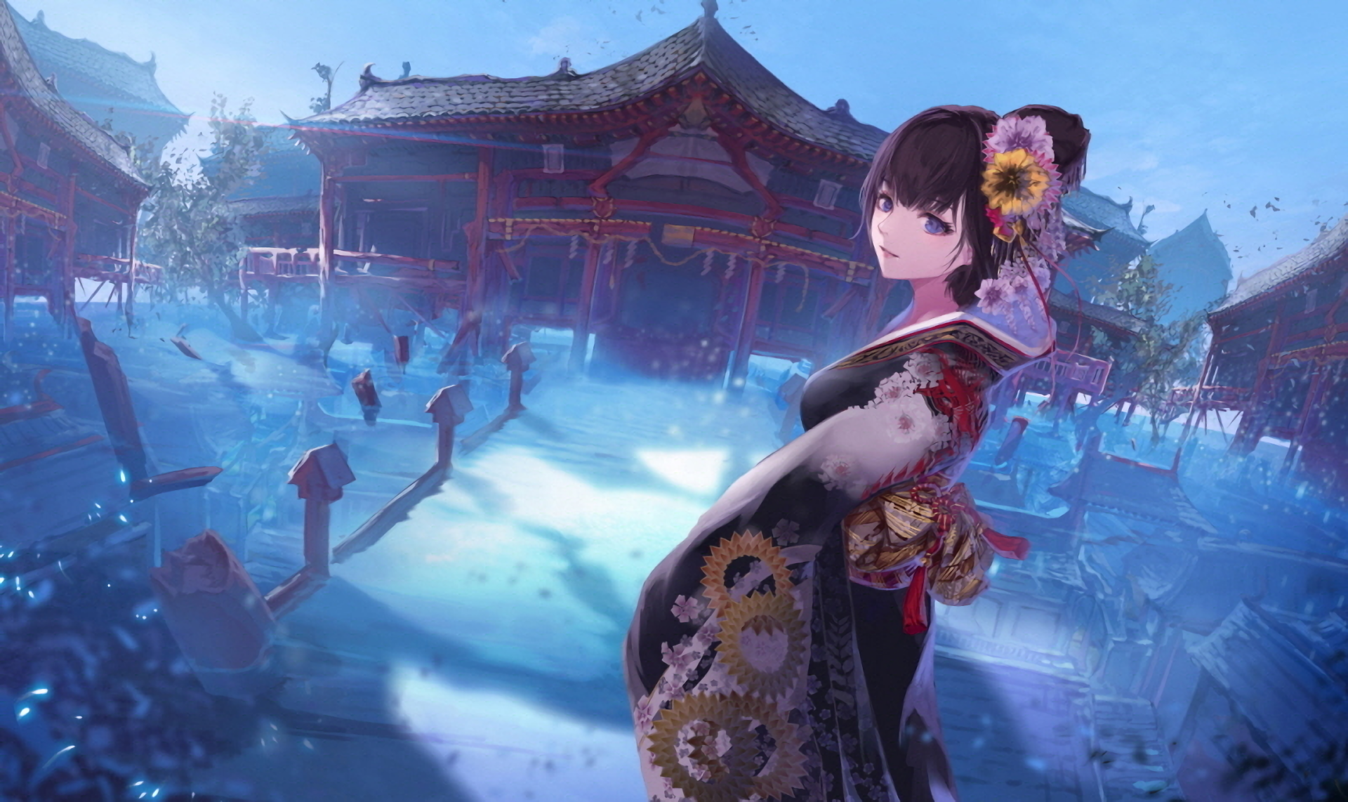 HD wallpaper featuring an original anime character in traditional attire, set against a serene, detailed background with Japanese architecture and vibrant colors.