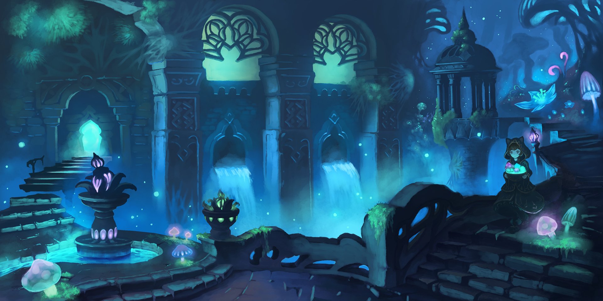 Fantasy anime scene featuring glowing blue and green hues, mystical architecture, and a serene water setting, captured as an original HD PC desktop wallpaper.